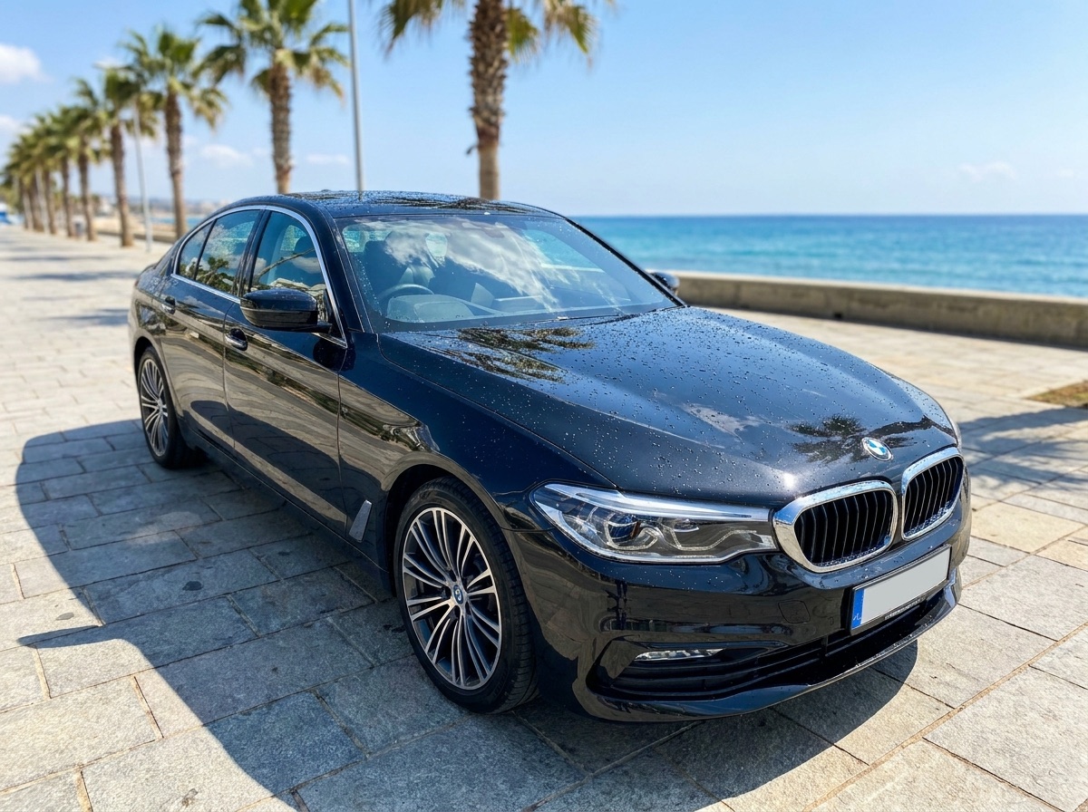 Freshly detailed black sedan on the Cyprus seafront