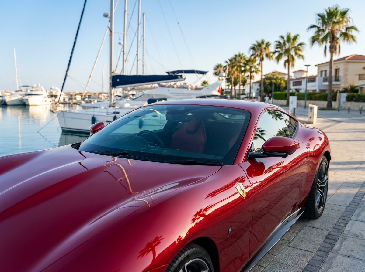 Glossy red sports car detailed at a Cyprus marina