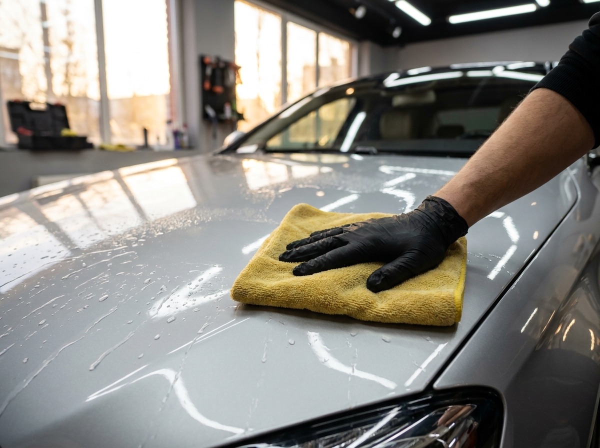 Hand-polishing a silver car hood with a microfibre cloth