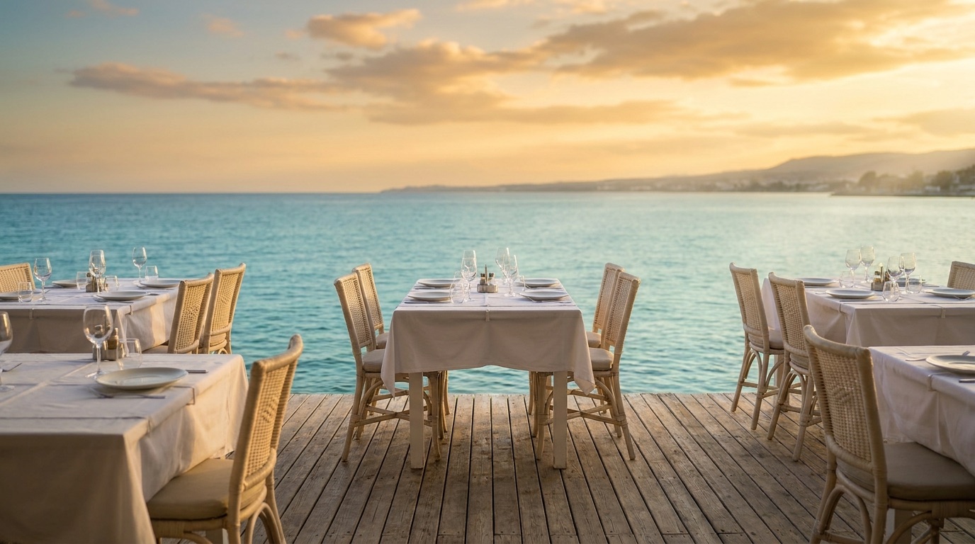 Seafront terrace at Thalassa taverna at golden hour in Limassol